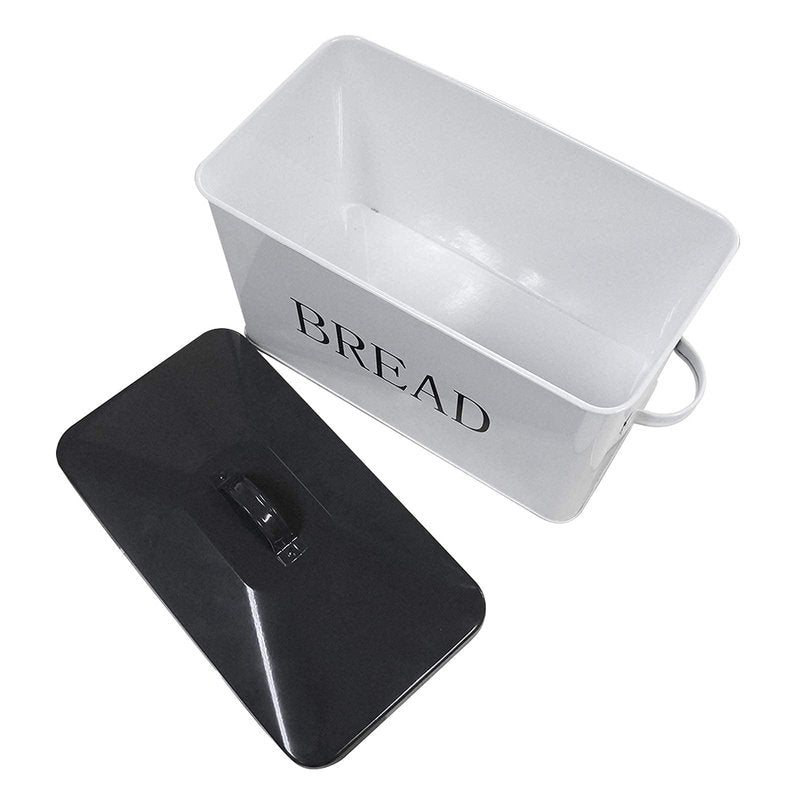 SOTECH Metal Bread Box with Lid for Kitchen Countertop Large Bread Bin kitchen Bread Food Snacks Storage Container Farmhouse BreadBox Grey Lid White Body with Side Handles