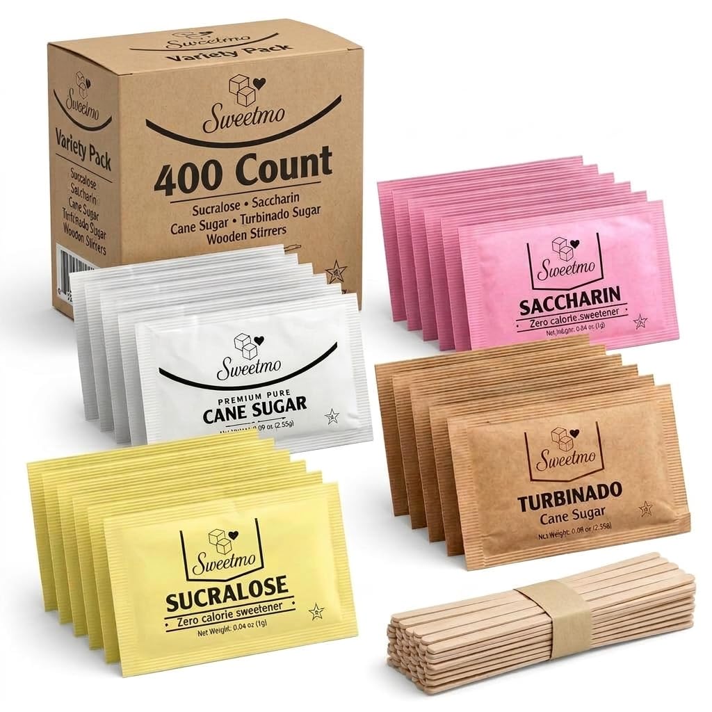 Sweetmo Sugar Packets Variety Pack - Sucralose, Raw, Cane Sugar & Stirrers - 400 Count for Coffee & Tea