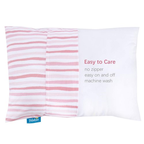 Biloban Organic Cotton Toddler Pillowcase 2 Pack, (Pillowcase Only) Kids Pillowcases for Sleeping Fit Pillow Sized 13"x 18" or 14"x19", Envelope Travel Pillowcase for Girl Boy, Pink Heart & Pink Strip