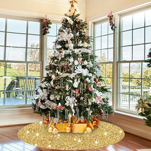 ROMANKAS 46 Inch Gold Sequin Christmas Tree Skirt Velvet Holiday Decor