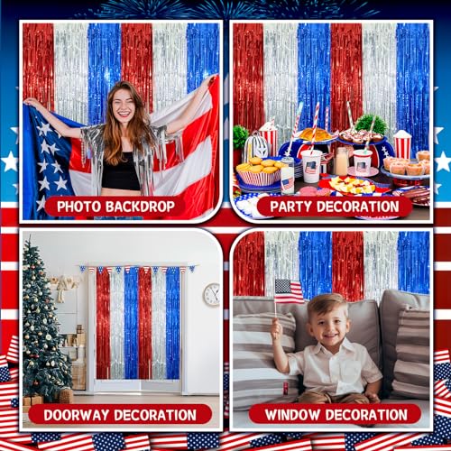 Red White & Blue Foil Fringe Curtains (3 Pack) - Patriotic Party Backdrop
