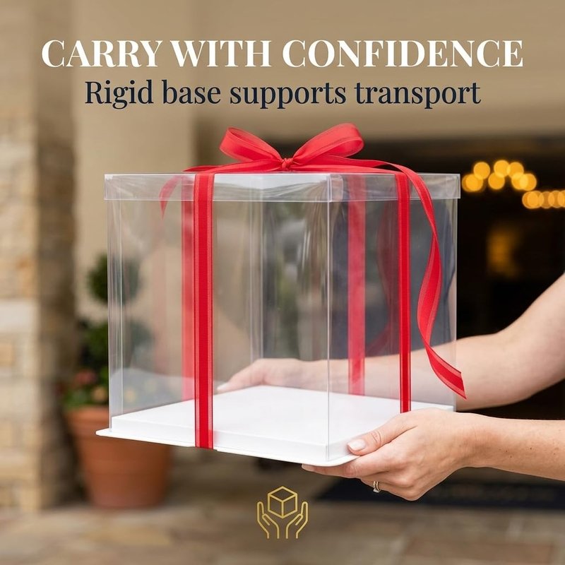 Sweet Degrees Clear Cake Box 13x13x14 Inch 2 Pack | Tall Cake Boxes for Tiered Cakes | Square Cake Carrier with Lid | Clear Gift Box for Wedding Birthday Bakery Display | PET Plastic, Ships Flat
