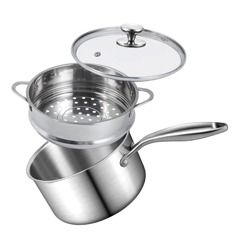 Steamer for Cooking, 1.5 Quart Saucepan with Steamer Basket, 18/8 Tri-ply Construction Stainless Steel Steamer Pot, Sauce pan with Lid 2-tier for Cooking Vegetables, Seafood, Soups, Stews and Pasta