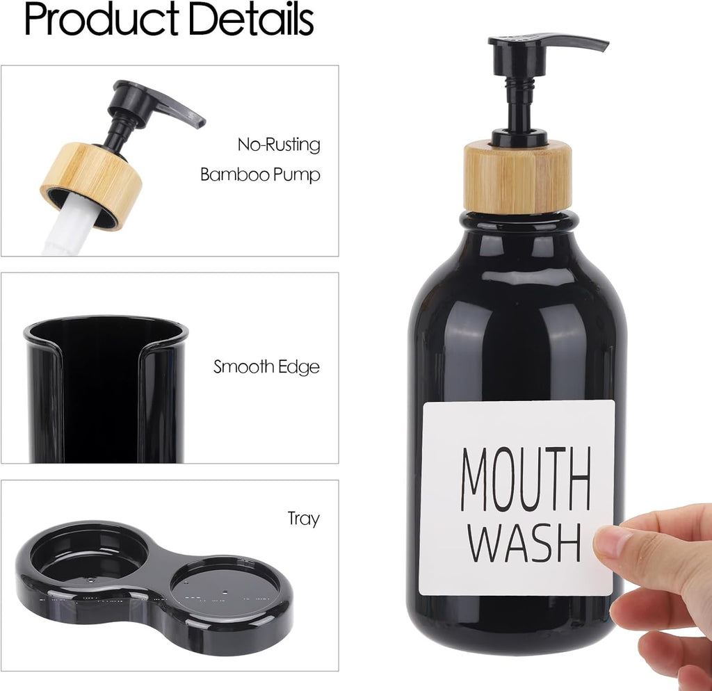Skiennix Mouthwash Dispenser - 16oz Plastic Container with Cup Holder & Tray - Sleek Black Design