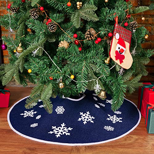 30-Inch Dark Blue Burlap Christmas Tree Skirt with White Snowflakes