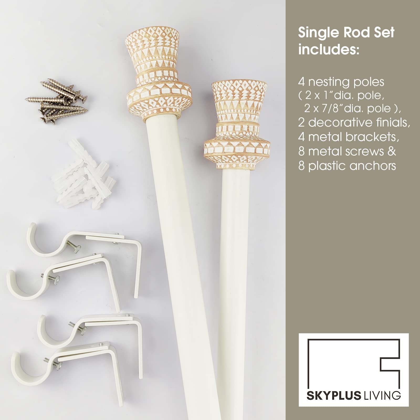 SKYPLUS LIVING Modern Boho Style Single Curtain Rod Set with Round Carved Finial,72-144 inch, Standard Single White Drapery Rod for 1 Pack, 1 inch diameter, Adjustable Length