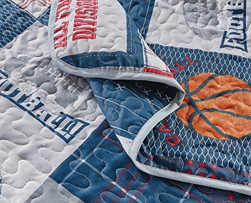 Sports Patchwork Bedspread Set, Kids Basketball Soccer Full/Queen Quilt
