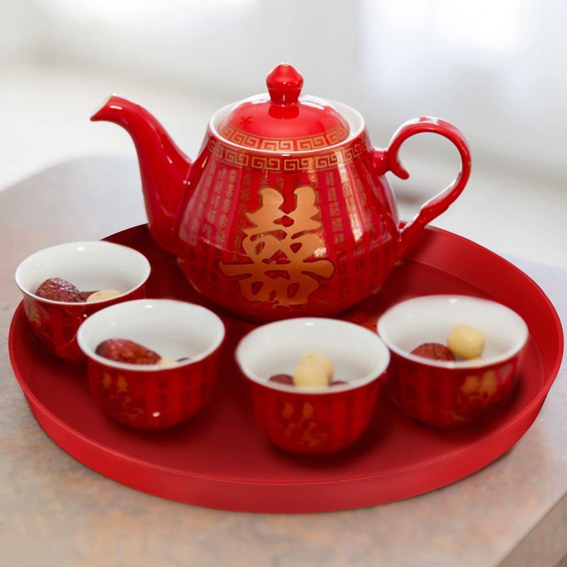 Red Serving Tray Set: 3PCS Decorative Round Wedding Snack Trays and Petal Snack Bowls - Flower Shape Candy Plate Happiness Chinese Wedding Decor for Tea, Fruit, and Coffee Table