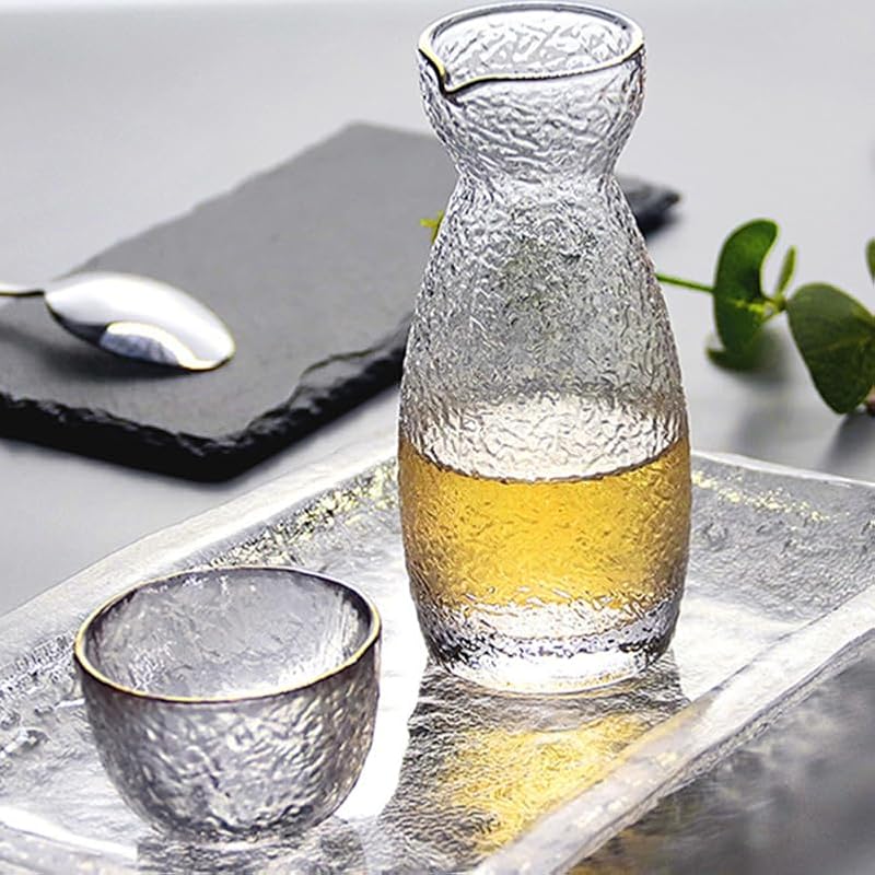 Japanese Sake Set with Hammered Glass Pot & 4 Cups - Elegant Drinkware