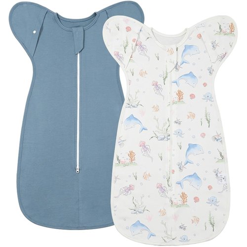 ANYEDDE Arms Up Swaddle 0-3 Months - Breathable Newborn Sleep Bags with Removable Cuffs, Blue Dolphin