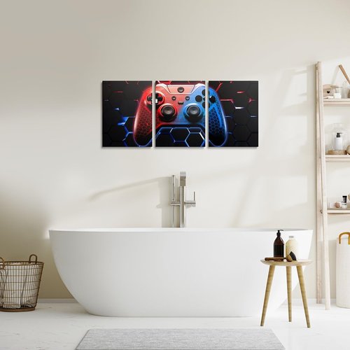 Manfei Games Canvas Wall Art - Set of 3 Honeycomb Gamepad Prints | Red & Blue Gamer Decor for Kids' Rooms