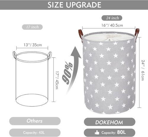 DOKEHOM 24-Inch Extra Large Laundry Basket - Collapsible Drawstring Hamper with Lid & Handle (Grey Star)
