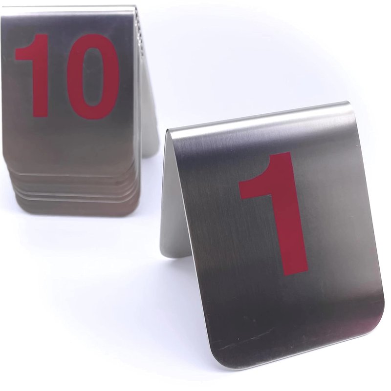 10 Pcs Metal Place Cards Stackable Tent Style Table Numbers，Place Card Holders for Celebration Wedding Party Restaurants Cafes Bars Gatherings meeting Room Board Game Serial (Medium 1-10, Red)