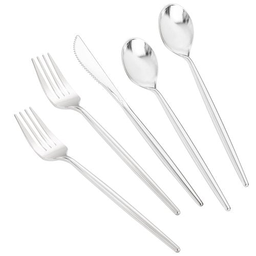 LIYH 102 Pcs Silver Plastic Silverware - Heavyduty Plastic Cutlery Set Disposable Utensils Flatware Set Knives Forks Spoons Disposable Cutlery Mothers Day
