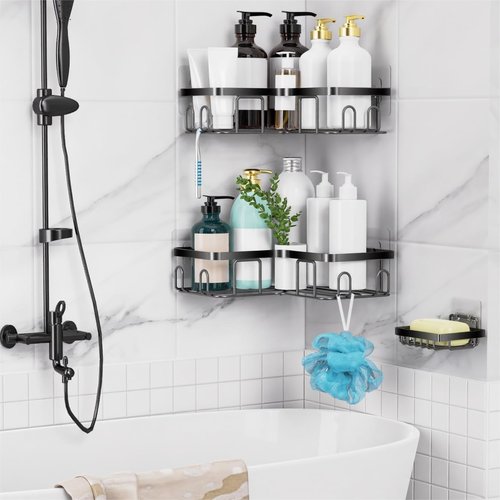 Moforoco Corner Shower Caddy | Self-Adhesive Black Organizer Shelf for Bathroom Storage & Decor