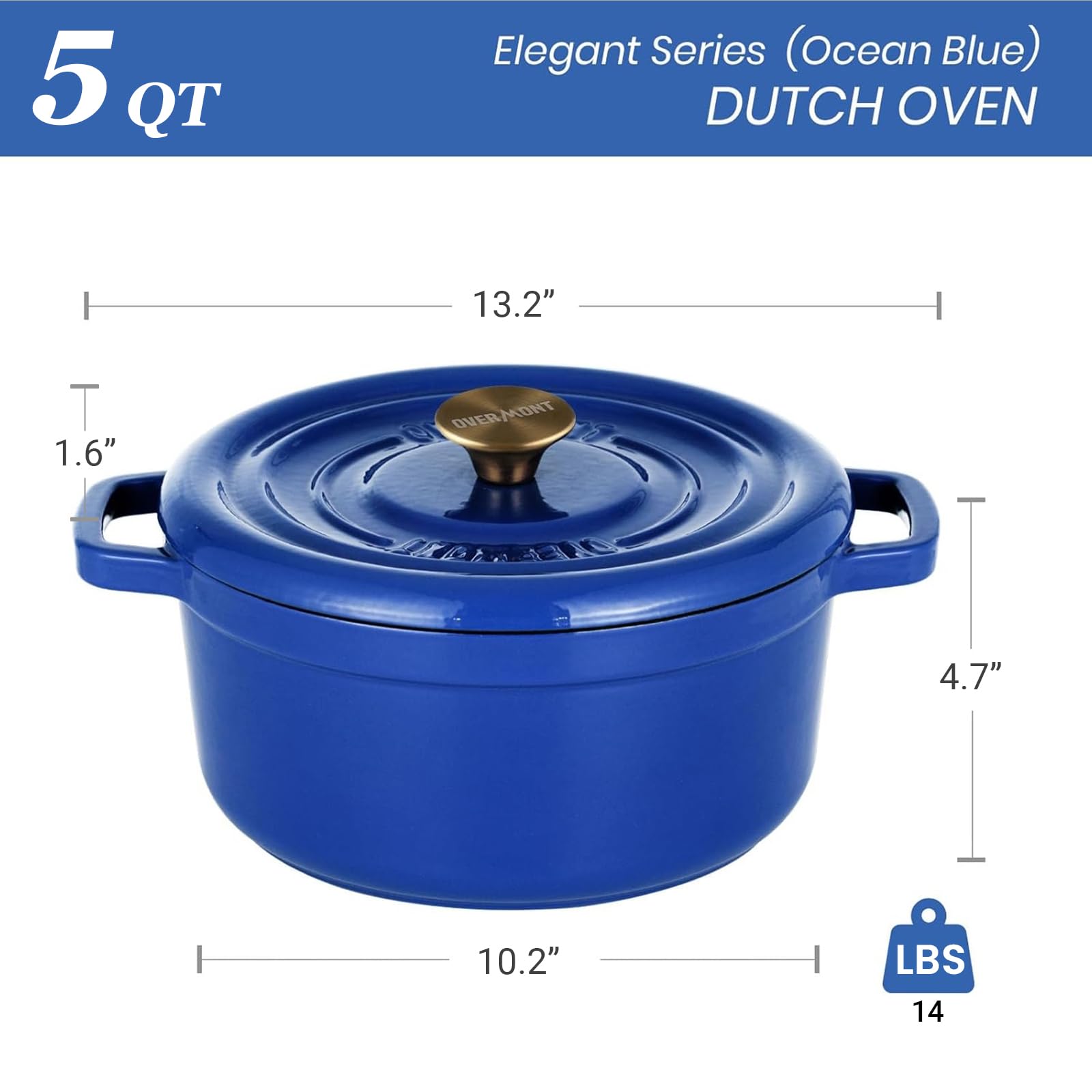 Overmont Enameled Cast Iron Dutch Oven - 5QT Pot with Lid Cookbook & Cotton Potholders - Heavy-Duty Cookware for Braising, Stews, Roasting, Bread Baking blue