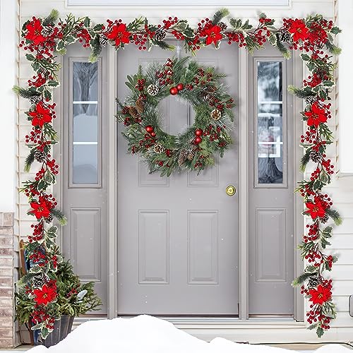 2PCS Red Berry Christmas Garland with Pine Cones & Poinsettias, 12FT Holiday Decor