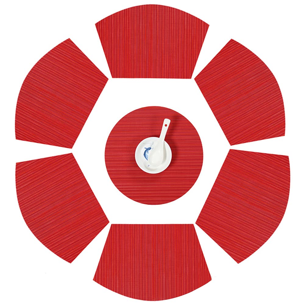 SvaTao Round Table Placemats Wedge Shaped Place Mat with Centerpiece Round Mat Table Mats Washable, Set of 7 Placemats for Dining Table(Red)