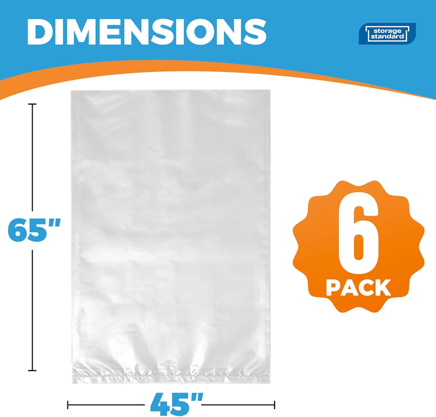 Storage Standard Large Clear Plastic Bags - Waterproof Heavy-Duty 6-Pack for Rugs & Cushions | 45 x 65 Inches