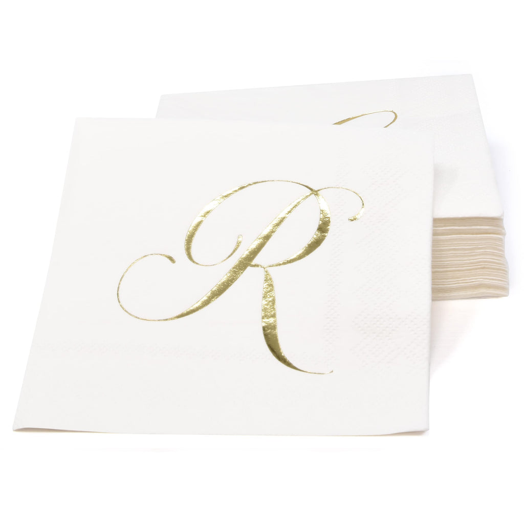 Gift Boutique 100 Gold Monogram Cocktail Napkins Letter R Disposable Paper Pack Elegant Metallic Golden Foil Hand Napkin for Powder Room Wedding Holiday Birthday Party Baby Shower Decorative Towels