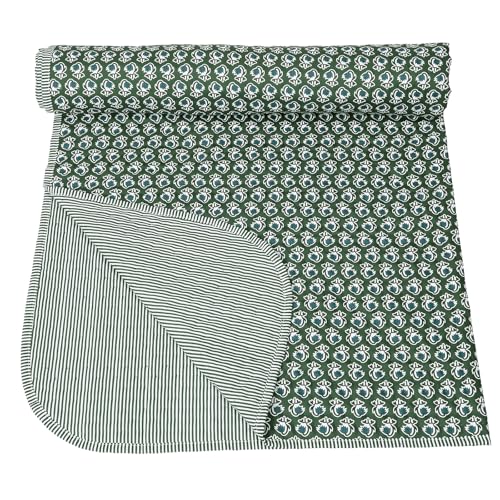 Reversible Cotton Block Print Throw Blanket - 60 x 90 Inches, Basil Green