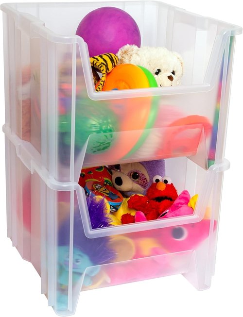 Akro-Mils Stak-N-Store Heavy Duty Stackable Storage Bins - Clear Plastic, 17.5" x 16.5" x 12.5" | 2-Pack