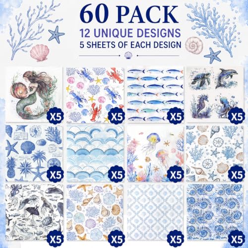 60Pcs Ocean-Themed Cocktail Napkins Set - 12 Designs, 3-Ply Summer Beach Party Decor