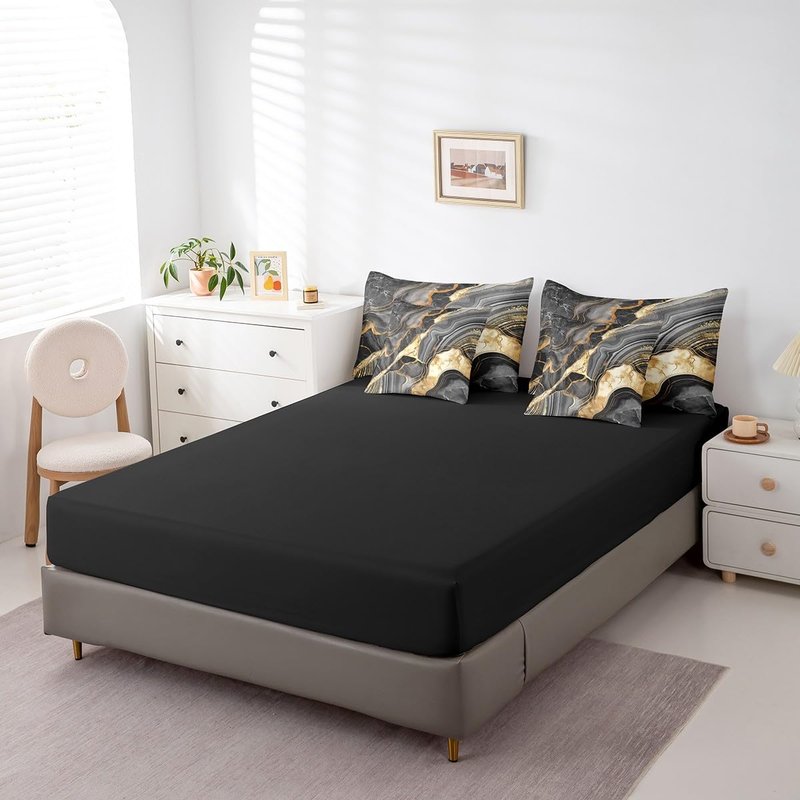 Erosebridal Black Marble 7 Pcs Comforter Set King, Gold Crack Bedding for Adults Men Women, Abstract Metallic Texture Sheet Set Bed in A Bag, Boho Hippie Fluid Reversible Black Duvet Insert