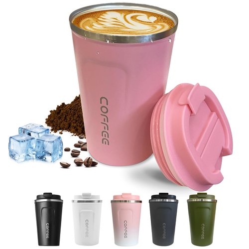 SPLMIFA Travel coffee mugs leak-proof, reusable coffee cups with lids, stainless steel vacuum insulated coffee tumblers, thermal insulation cups for men & women keep drinks hot & cold(2nd-Pink, 12OZ)