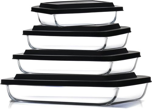 EATEX 8-Piece Deep Glass Casserole Dishes - Oven Safe Bakeware with Plastic Lids | Ideal for Lasagna & Leftovers