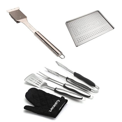 Cuisinart Grill Brush Bundle - 3-Piece Grilling Tool Set with Grill Glove (Black), Stainless Steel Grill Topper (12" x 16"), & Grill Cleaning Brush (Stainless Steel)
