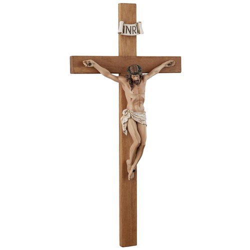 Crucifix Wall Cross - 14 Inch Olive Wood Wall Crucifix, Hand Painted Resin Jesus on Wooden Crucifix Catholic Home Decor Housewarming Religious Gifts