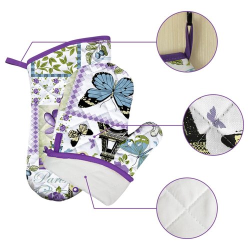 MIJOTEX 5Pcs Set Apron, Oven Mitts and Pot Holders BBQ Gloves with Printed Designs Cooking Gloves for Cooking Baking Grilling (5-Piece Set) (5, Purple Butterfly)