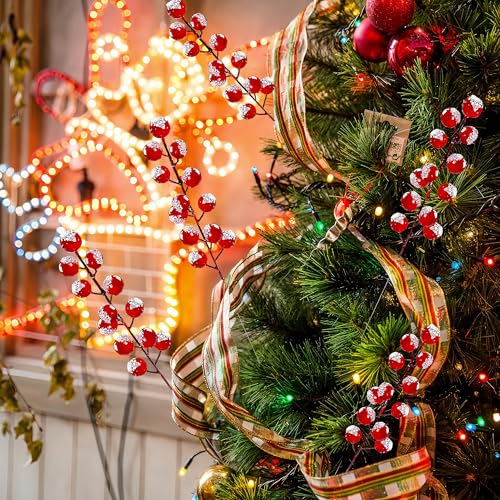 50pcs Christmas Tree Decoration, 8 Inch Snowy Red Artificial Berry Stems Branches, Christmas Berries Picks Berry Branches for Christmas Trees Ornaments Holly Tree Decor