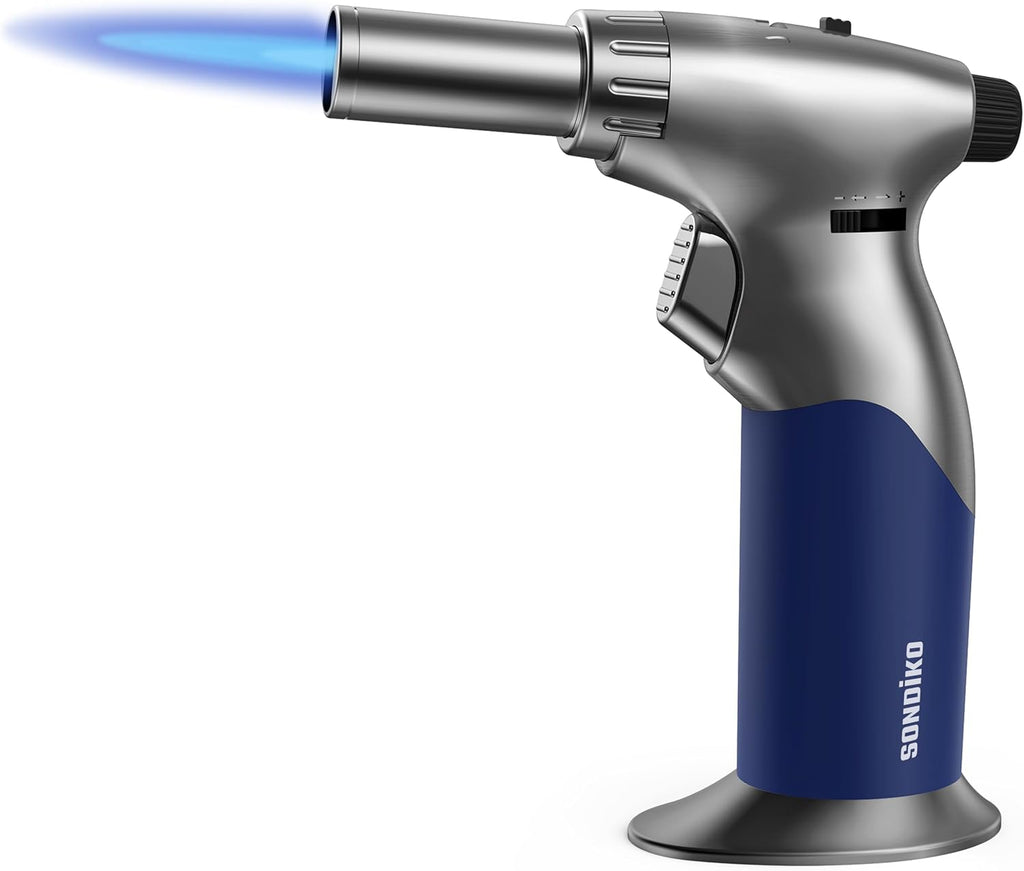 Sondiko Dual Adjustable Flame Butane Torch Lighter - Mini Refillable Kitchen Torch with Continuous Flame Lock for Crème Brûlée and Cooking