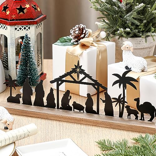 Black Metal Nativity Scene Display with Wood Base for Christmas Table Decor