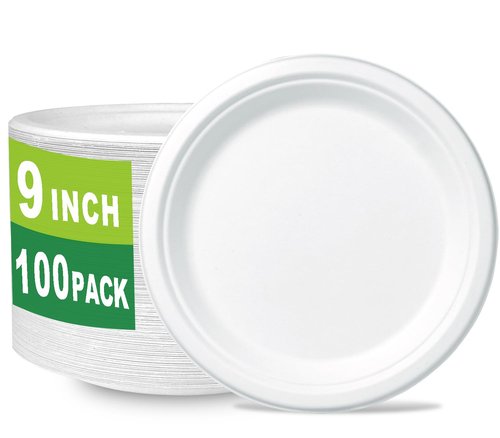 CantaGreen 9 inch Compostable Plates, 100 Count Heavyduty Sugarcane/Bagasse and Bamboo Fibre Biodegradable Disposable Paper Plate
