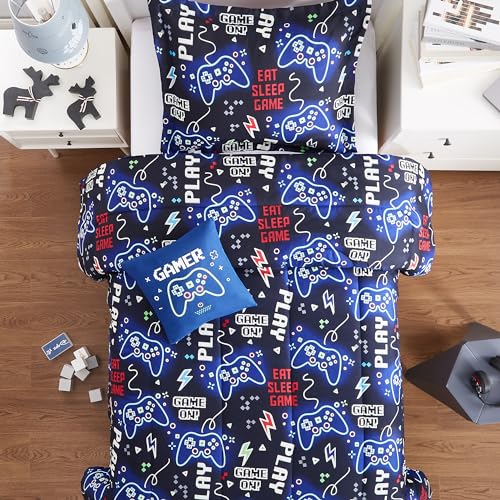 Glow in the Dark Gamer Twin Comforter Set - 3-Piece Kids Bedding Set
