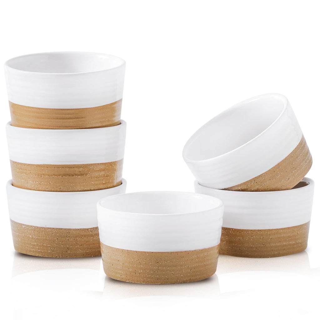 Hasense Ramekins, 6 oz Stoneware Ramekin Oven Safe Set of 6, Mini Ramekins Bowls for Dipping, Brulee, Custard, Farmhouse White Wedding Gift