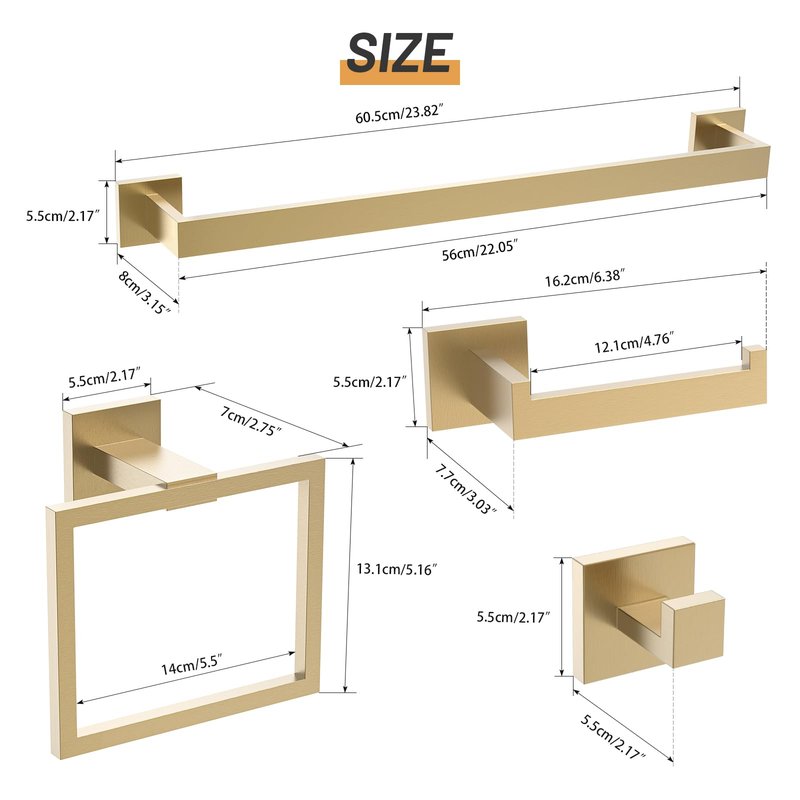 Brushed Gold Towel Bar Set, 23.6 Inch Bathroom Accessories Set, 5 Pieces SUS304 Stainless Steel Towel Racks Toilet Paper Holder Set for Bathroom Kitchen Wall Mounted