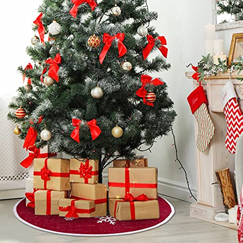 30-Inch Red Burlap Christmas Tree Skirt with Snowflake Print & Ribbon Ties