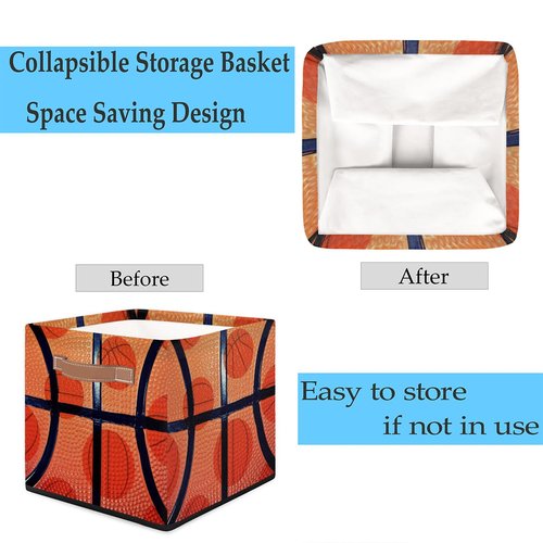 OMFUNS Sport Basketball Storage Basket 13x13 Ball Theme Collapsible Cube Storage Bin with Handle Fabric Storage Box Organizing for Closet Shelf Home Office Dorm Nursery Toy Basket