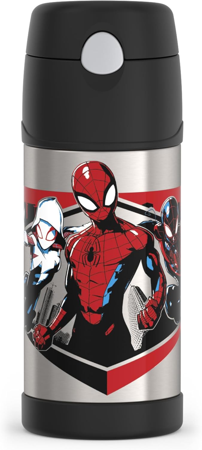 THERMOS FUNTAINER Water Bottle - 12 Ounce Kids Stainless Steel Vacuum Insulated with Straw | Spiderman Design