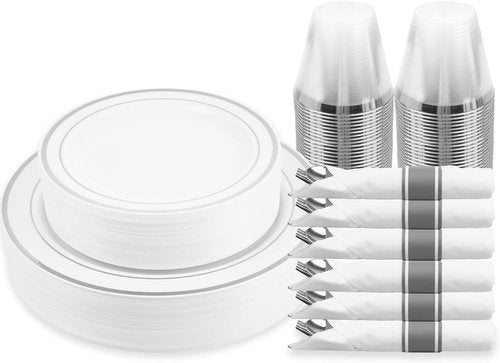 MCIRCO 175-Piece Silver Dinnerware Set - Elegant Disposable Plates, Cups & Napkins for 25 Guests
