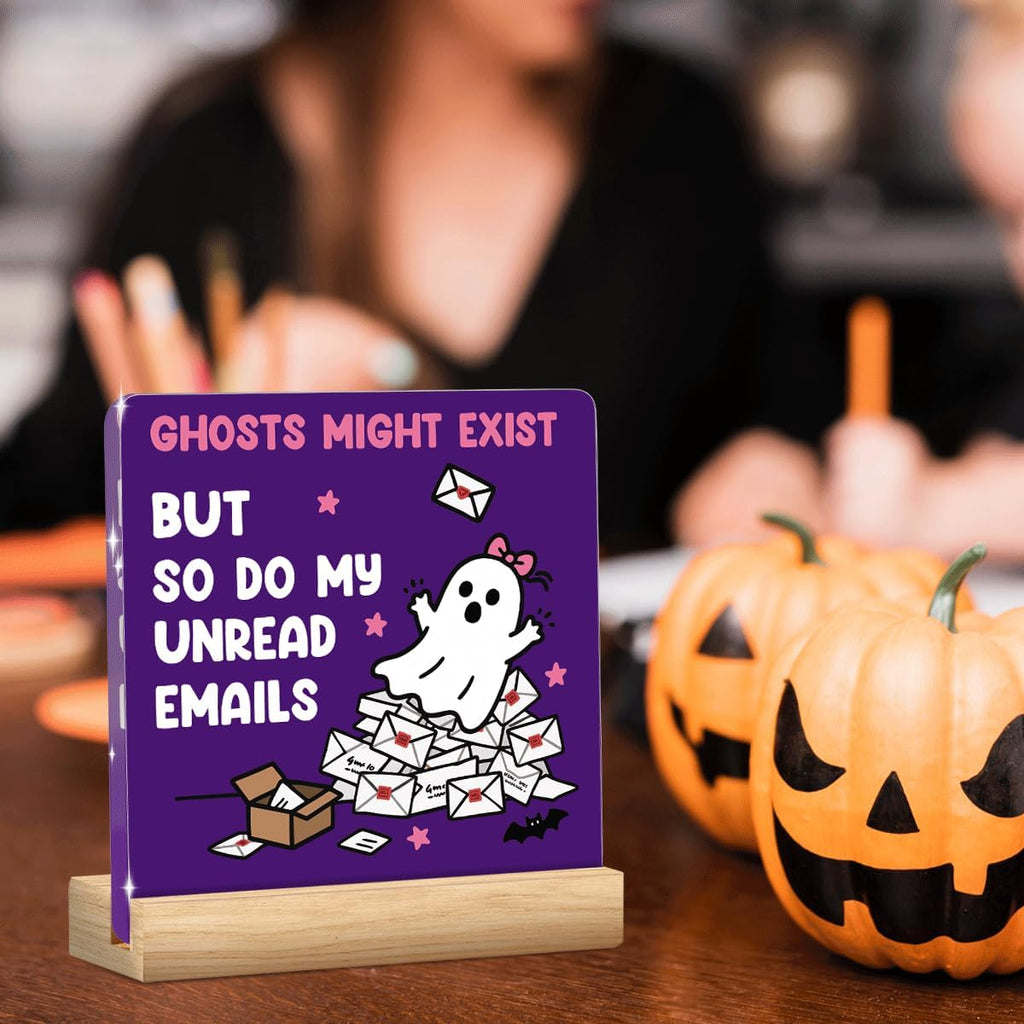 Skiennix Halloween Office Decor - Funny Acrylic Ghost Emails Sign | Cute 4x4 Inches Desk Decoration for Work