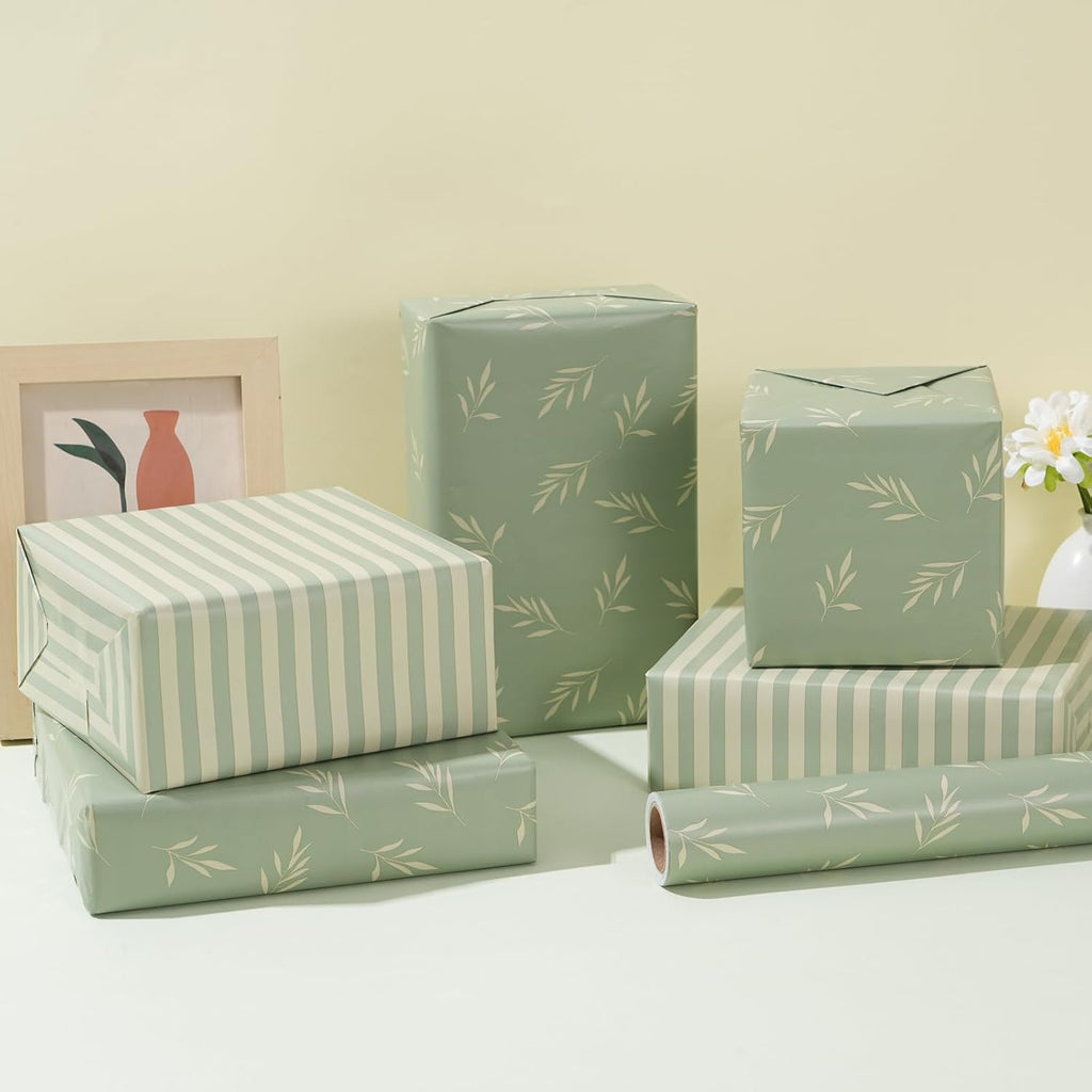 ZINTBIAL Reversible Gift Wrapping Paper Roll - Light Green & Beige Leaves Design | 17.5" x 33' (48 sq. ft.)