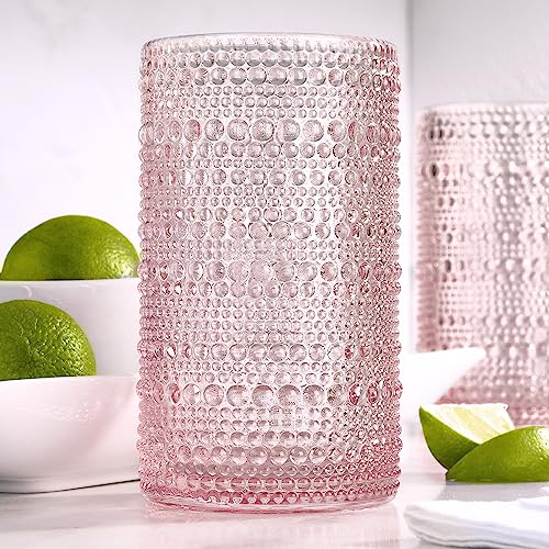 Pink Hobnail Drinking Glasses Set - 15 oz Vintage Beaded Bubble Glassware