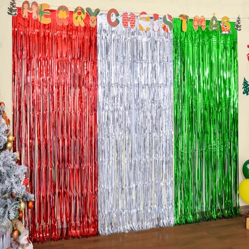 LOLStar 3 Pack Christmas Foil Fringe Curtains 3.3x6.6 ft Red Silver Green Holiday Party Decor