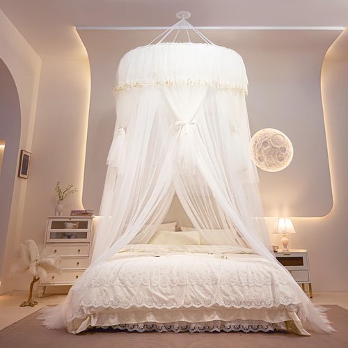 Mengersi Bed Canopy for Girls,Canopy Bed Curtains Double Layer Sheer Mesh Round Lace Princess Mosquito Net for Twin Full Queen King Bed Bedroom Decoration (White)