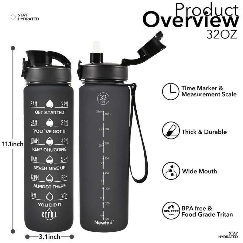 Newfad 32 oz Water Bottle with Straw and Sleeve, Motivational Water Bottle with Time Marker and Adjustable Shoulder Strap, BPA Free Leakproof Sport Water Jug for Hiking, Gym